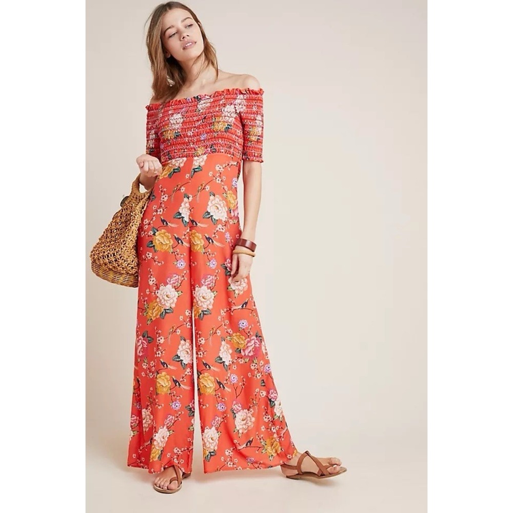 Farm Rio Anthropologie Paraiso Jumpsuit S Orange Floral Off Shoulder Wide Leg